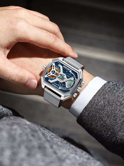 Multifunctional Waterproof Luminous Men’s Watch – Stylish Metal Mesh Belt Timepiece with Bold National Design