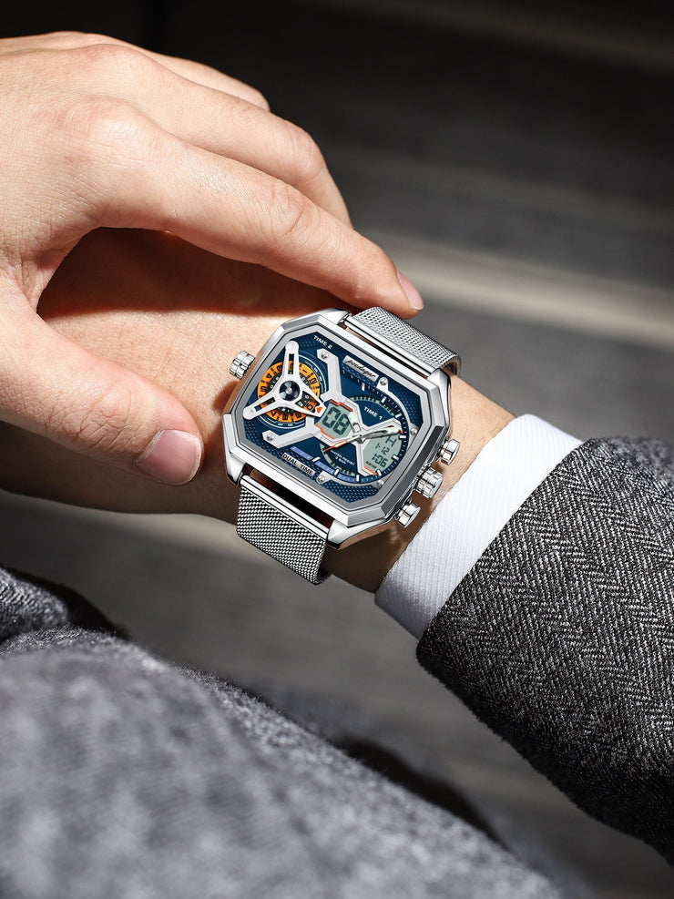 Multifunctional Waterproof Luminous Men’s Watch – Stylish Metal Mesh Belt Timepiece with Bold National Design