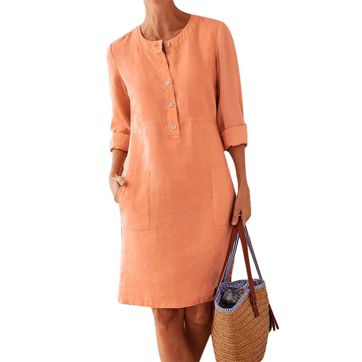 Fashion Midi Round Neck Linen Long Summer Dress With Pockets - Koyers