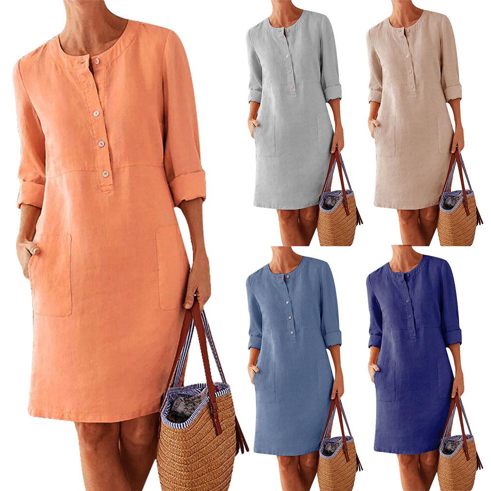 Fashion Midi Round Neck Linen Long Summer Dress With Pockets - Koyers