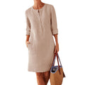 Fashion Midi Round Neck Linen Long Summer Dress With Pockets - Koyers