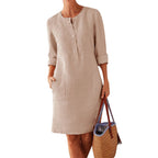 Fashion Midi Round Neck Linen Long Summer Dress With Pockets - Koyers