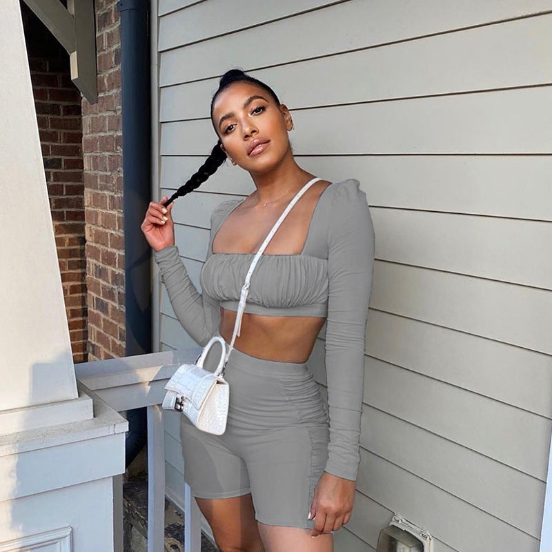 Square Neck Pleated Crop Top  and Short Set