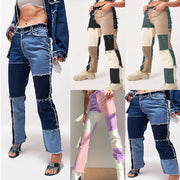 Høyt elastiske damejeans med rette ben – rå kant, høyt liv, stretch denimbukser