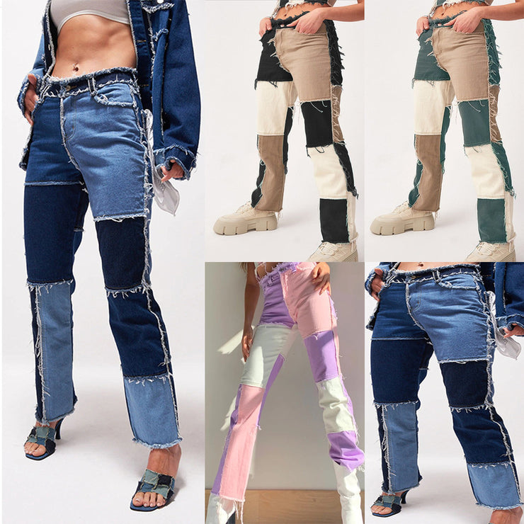 Høyt elastiske damejeans med rette ben – rå kant, høyt liv, stretch denimbukser
