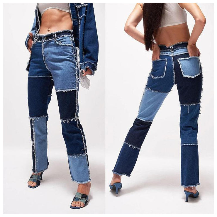 Høyt elastiske damejeans med rette ben – rå kant, høyt liv, stretch denimbukser