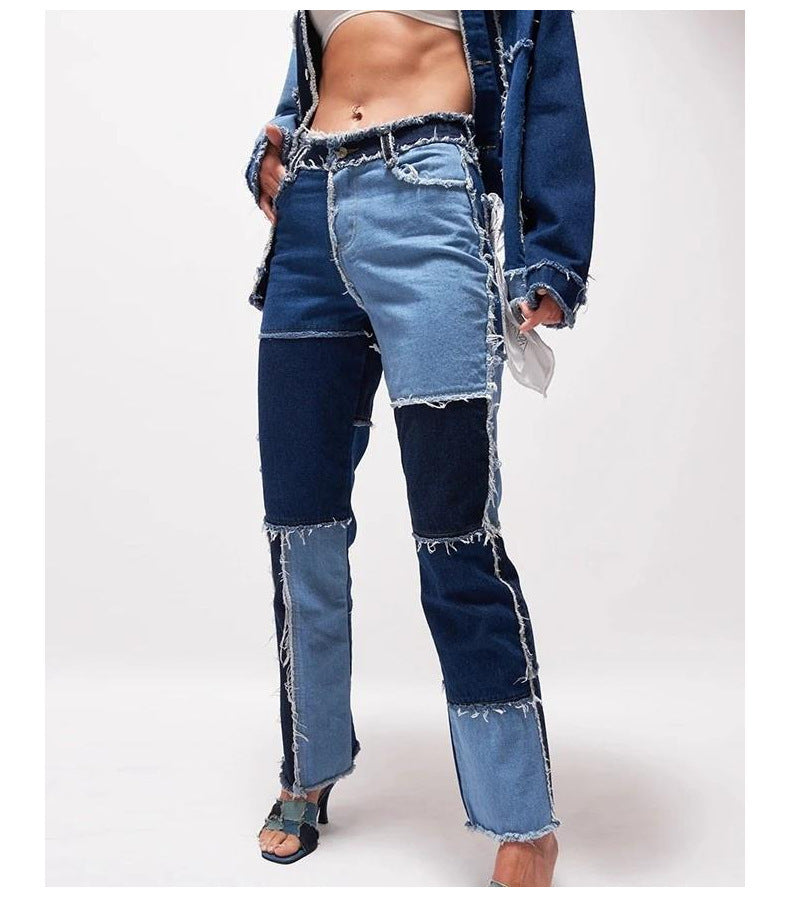 High Elastic Women’s Straight-Leg Jeans – Raw Edge High-Waist Stretch Denim Pants