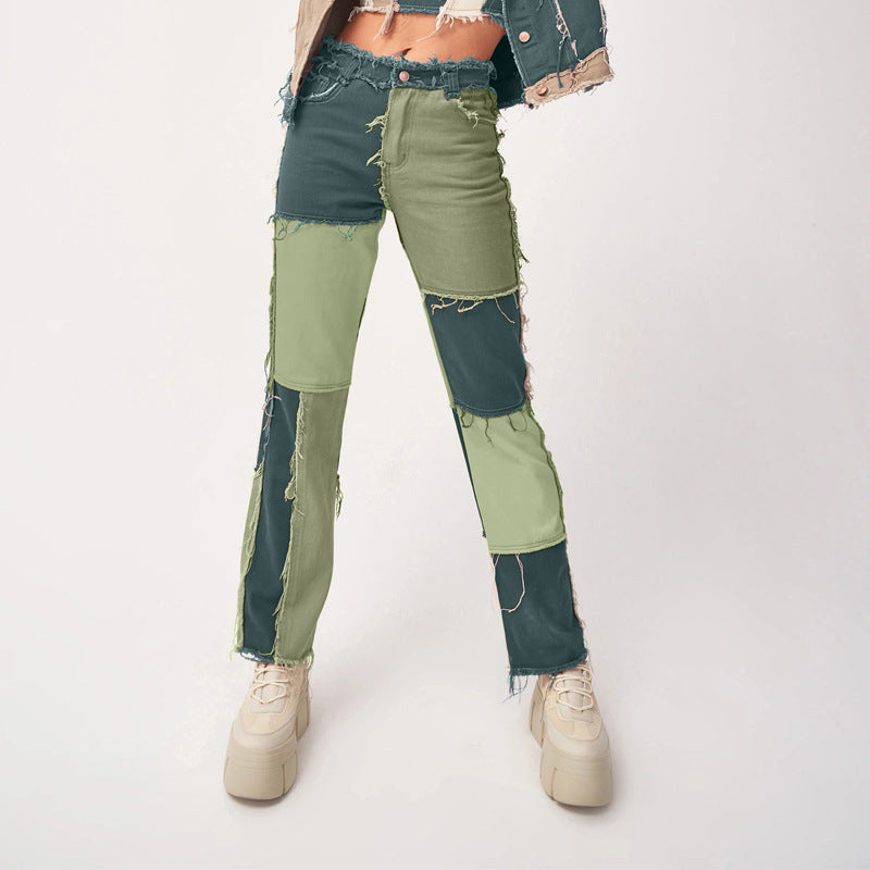 High Elastic Women’s Straight-Leg Jeans – Raw Edge High-Waist Stretch Denim Pants