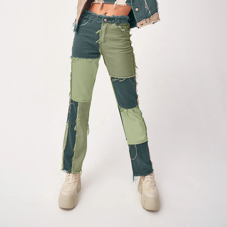 Høyt elastiske damejeans med rette ben – rå kant, høyt liv, stretch denimbukser