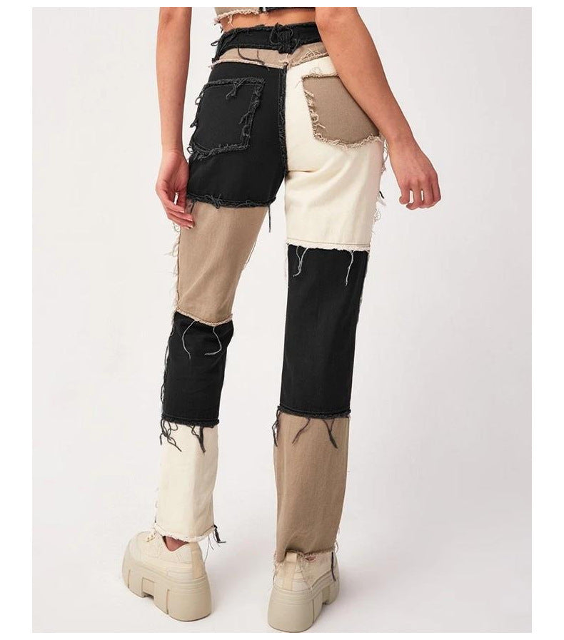 High Elastic Women’s Straight-Leg Jeans – Raw Edge High-Waist Stretch Denim Pants