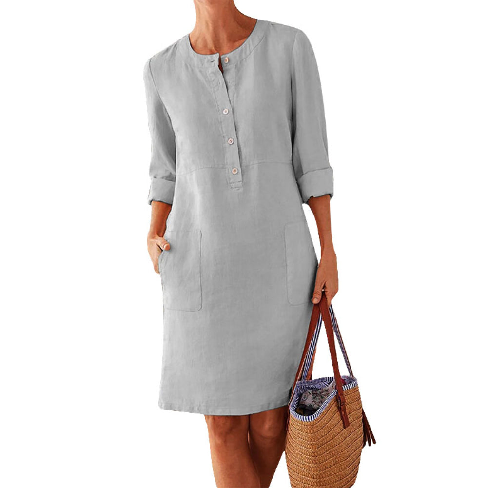 Fashion Midi Round Neck Linen Long Summer Dress With Pockets - Koyers