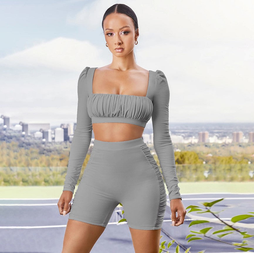 Square Neck Pleated Crop Top  and Short Set