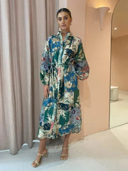Women's Floral Print Lace Up Long Sleeve Dress - Koyers