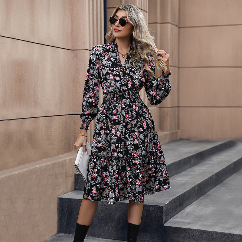 A-Line Floral Print Casual Long Sleeve Dress - Koyers