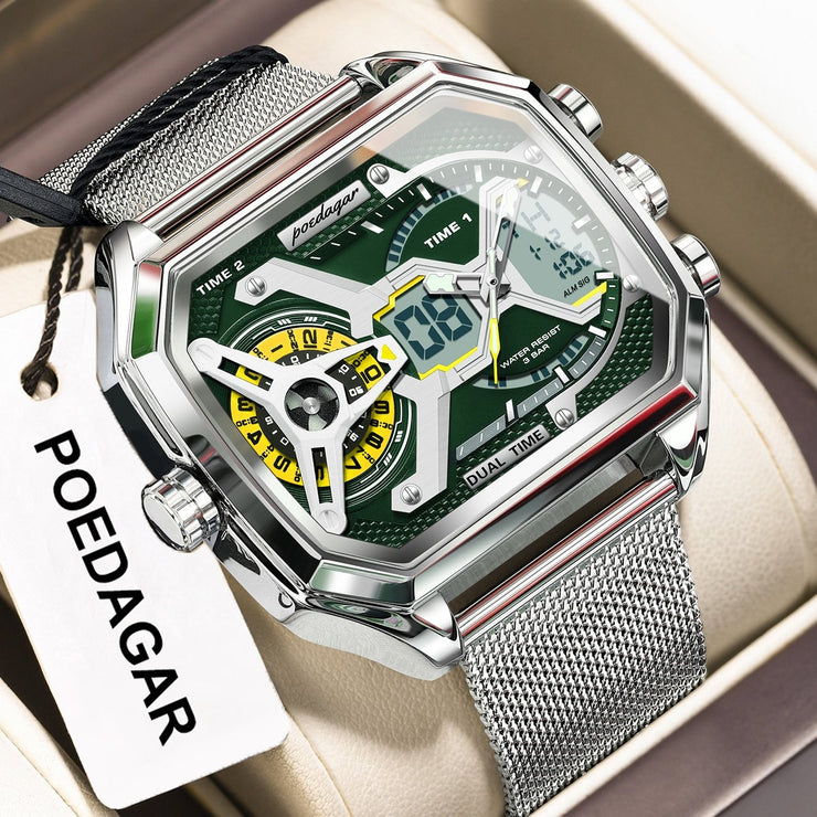 Multifunctional Waterproof Luminous Men’s Watch – Stylish Metal Mesh Belt Timepiece with Bold National Design