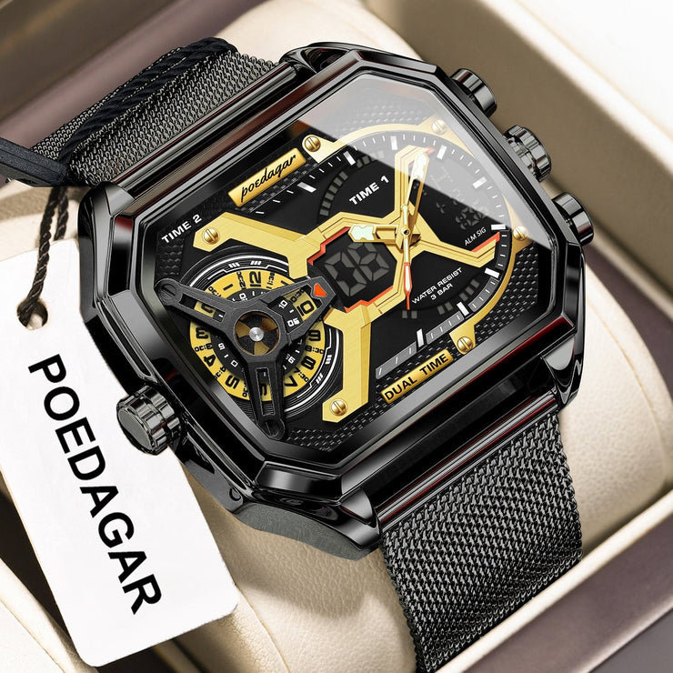 Multifunctional Waterproof Luminous Men’s Watch – Stylish Metal Mesh Belt Timepiece with Bold National Design