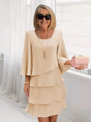 Women's Long Sleeve Crew Neck Tiered Layered Midi Dress , Asymmetrical Hem A-Line Short Elegant Party Dress