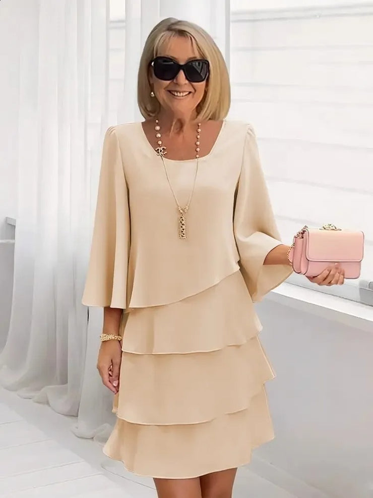 Women's Long Sleeve Crew Neck Tiered Layered Midi Dress , Asymmetrical Hem A-Line Short Elegant Party Dress