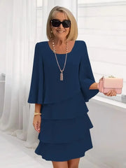 Women's Long Sleeve Crew Neck Tiered Layered Midi Dress , Asymmetrical Hem A-Line Short Elegant Party Dress