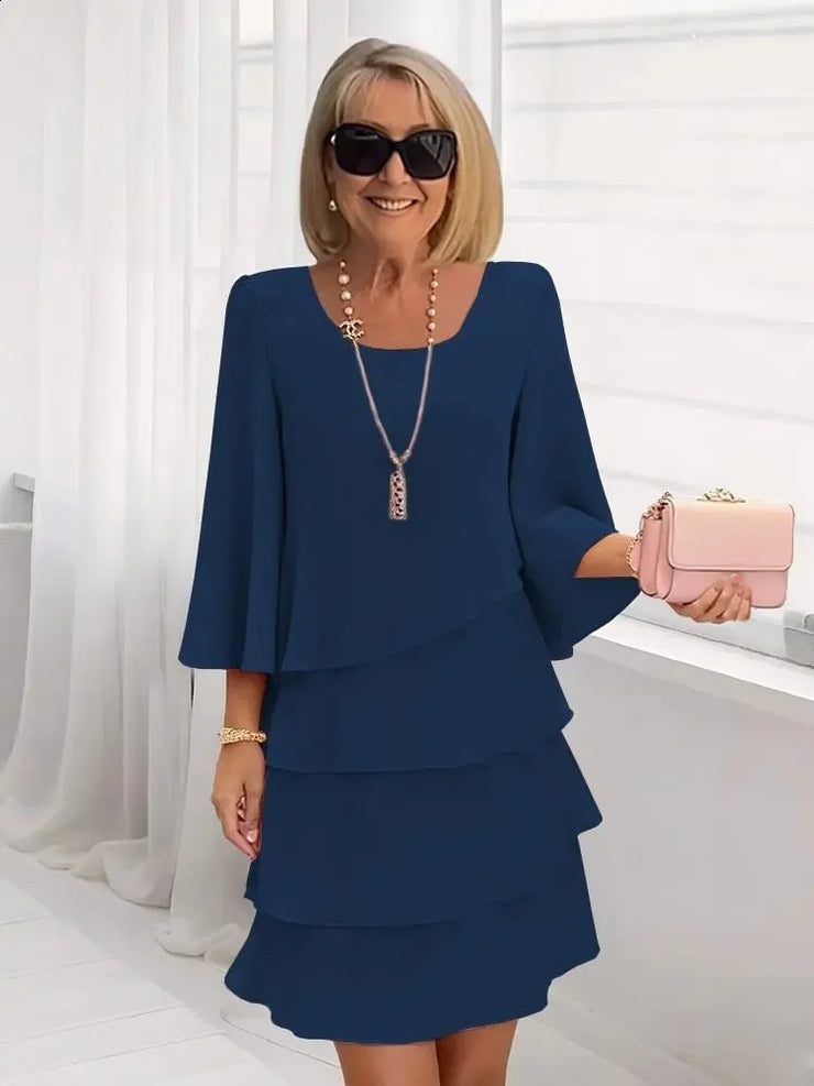 Women's Long Sleeve Crew Neck Tiered Layered Midi Dress , Asymmetrical Hem A-Line Short Elegant Party Dress