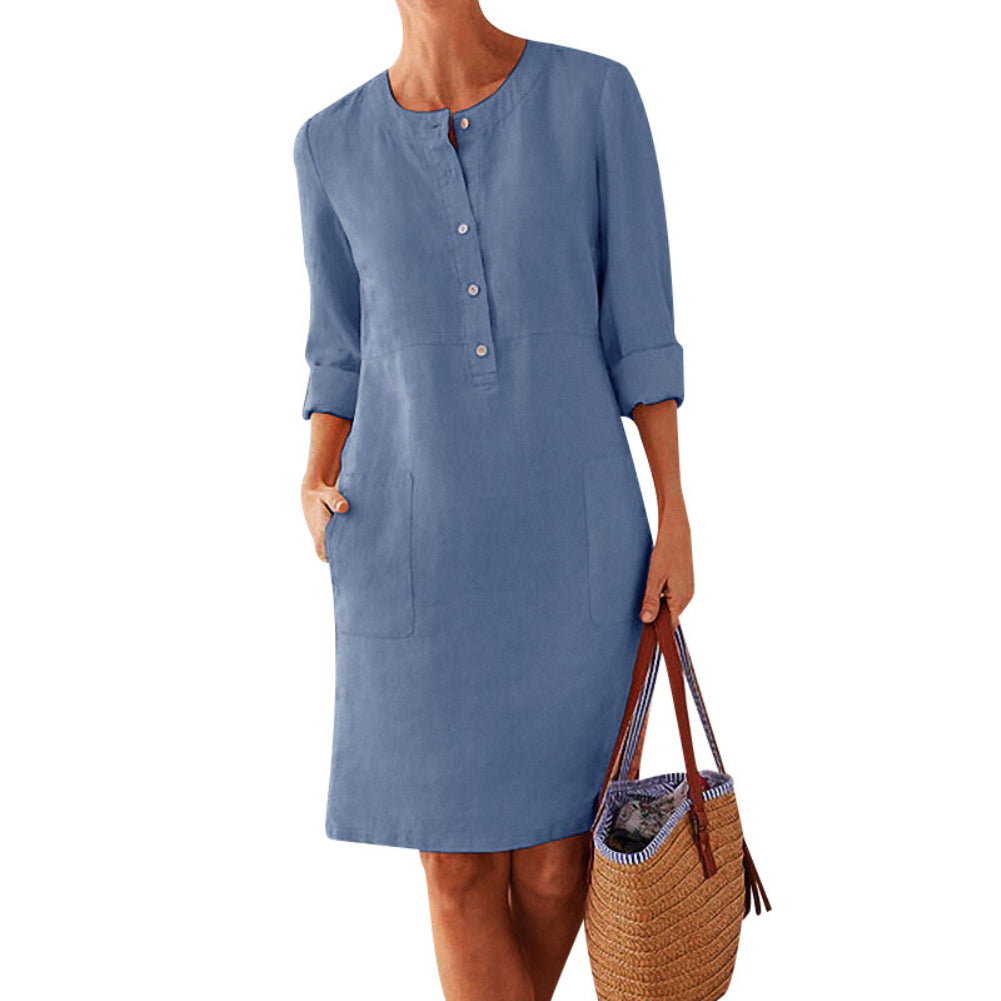 Fashion Midi Round Neck Linen Long Summer Dress With Pockets - Koyers