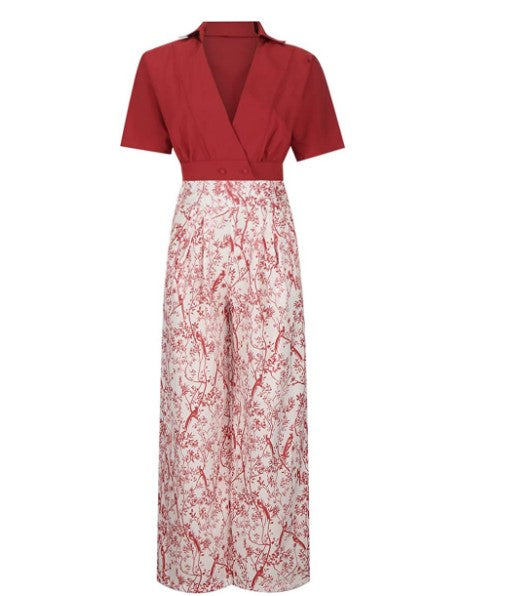V-Neck Crop Top & Floral Print Loose Pants Set - Koyers