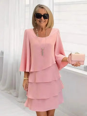 Women's Long Sleeve Crew Neck Tiered Layered Midi Dress , Asymmetrical Hem A-Line Short Elegant Party Dress