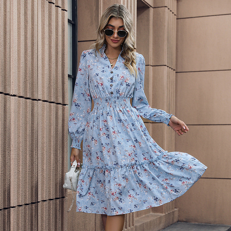 A-Line Floral Print Casual Long Sleeve Dress - Koyers