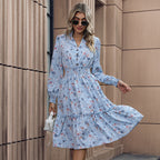 A-Line Floral Print Casual Long Sleeve Dress - Koyers