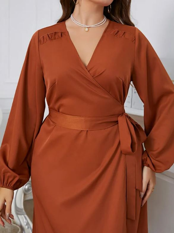 Elegant Brown Plus Size Ruffles Midi Dress - Koyers
