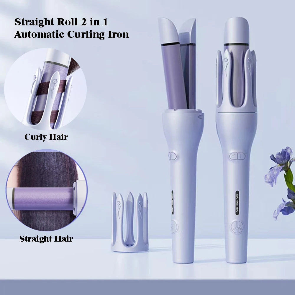 2-in-1 Automatic Hair Curler & Straightener – Negative Ion Ceramic Rotating Styler