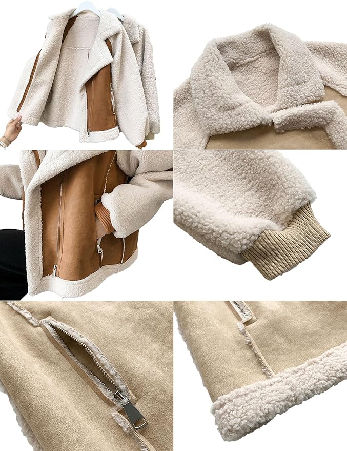 Damjacka i kort lammvelour i mocka – Mjuk varm vinterkappa i khaki och beige