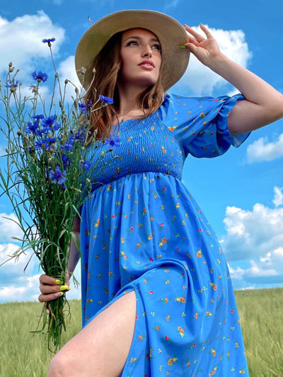 Floral Print Puff Short Sleeve Shirred A-Line Long Dress