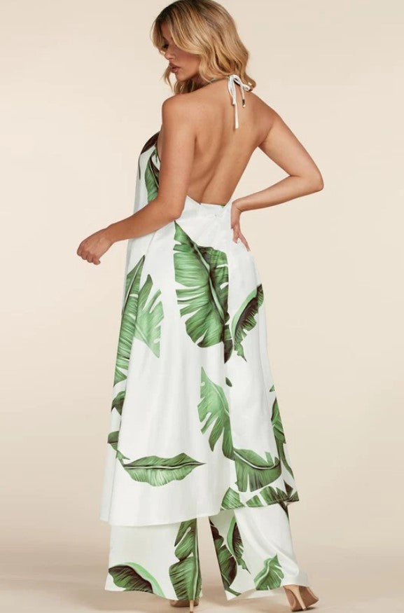 Backless Leaf Print Halter Neck Top & Pants Set - Koyers