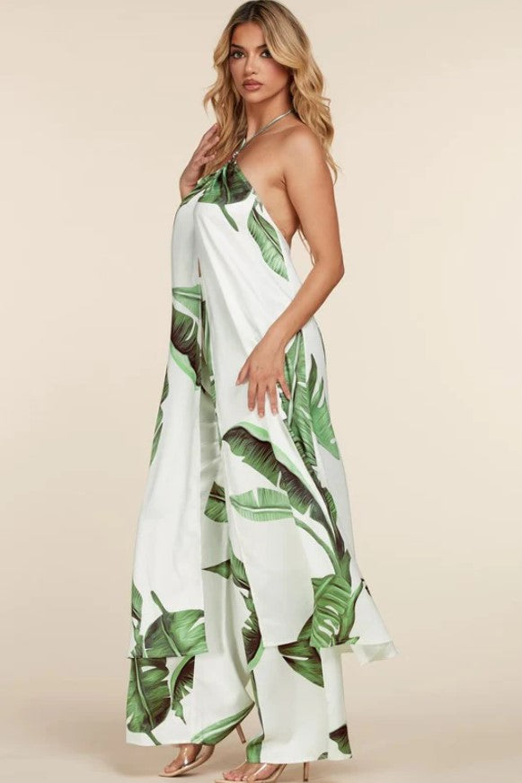 Backless Leaf Print Halter Neck Top & Pants Set - Koyers