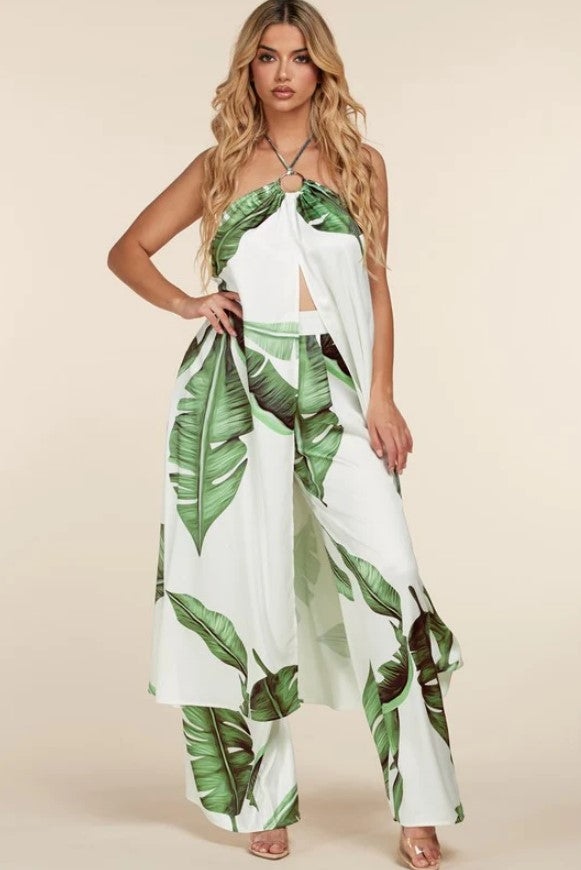 Backless Leaf Print Halter Neck Top & Pants Set - Koyers