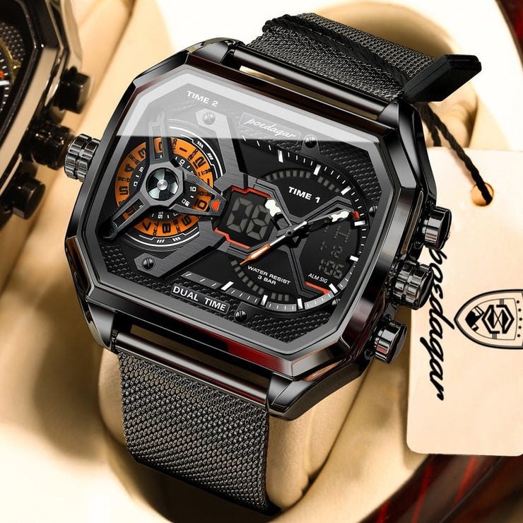 Multifunctional Waterproof Luminous Men’s Watch – Stylish Metal Mesh Belt Timepiece with Bold National Design