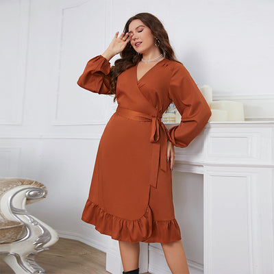 Elegant Brown Plus Size Ruffles Midi Dress - Koyers