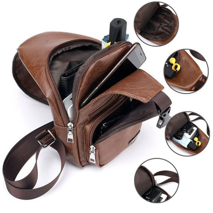 Leather Crossbody USB Charging Chest Travel Bag - Koyers