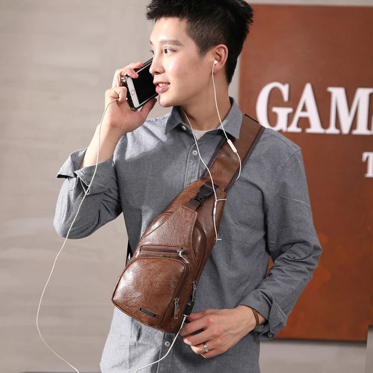 Leather Crossbody USB Charging Chest Travel Bag - Koyers