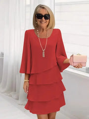 Women's Long Sleeve Crew Neck Tiered Layered Midi Dress , Asymmetrical Hem A-Line Short Elegant Party Dress
