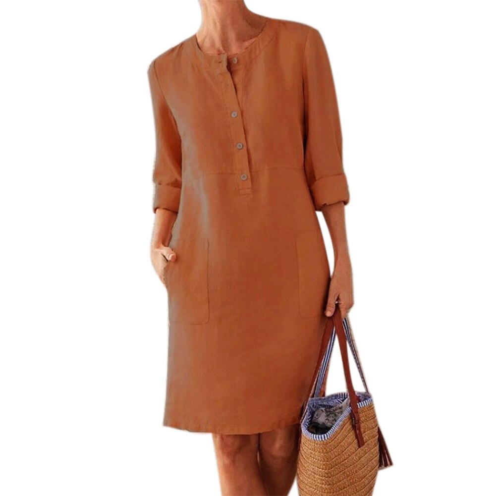 Fashion Midi Round Neck Linen Long Summer Dress With Pockets - Koyers