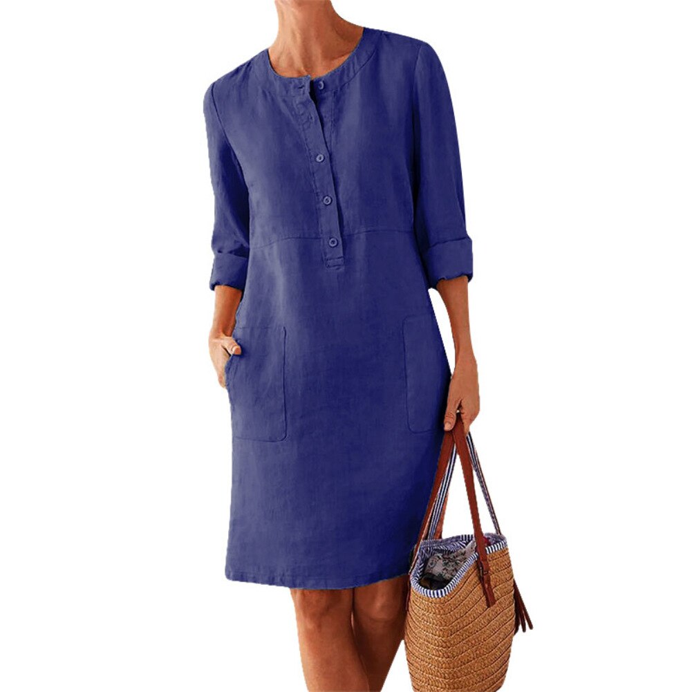 Fashion Midi Round Neck Linen Long Summer Dress With Pockets - Koyers