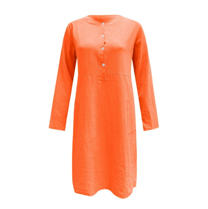 Fashion Midi Round Neck Linen Long Summer Dress With Pockets - Koyers