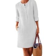Fashion Midi Round Neck Linen Long Summer Dress With Pockets - Koyers