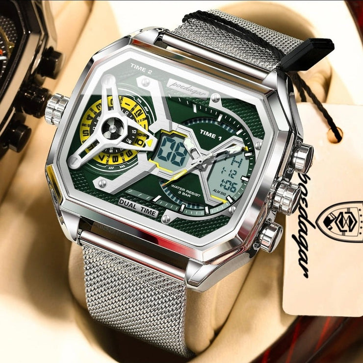 Multifunctional Waterproof Luminous Men’s Watch – Stylish Metal Mesh Belt Timepiece with Bold National Design