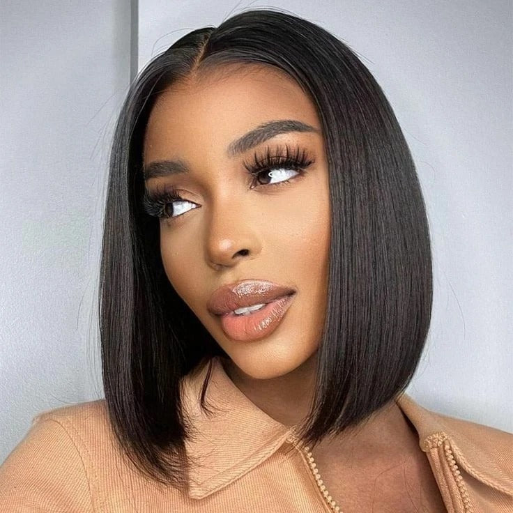 Short Straight Lace Front Bob Wig Natural Look Pre-Plucked Hairline Heat Resistant Human Hair Wig