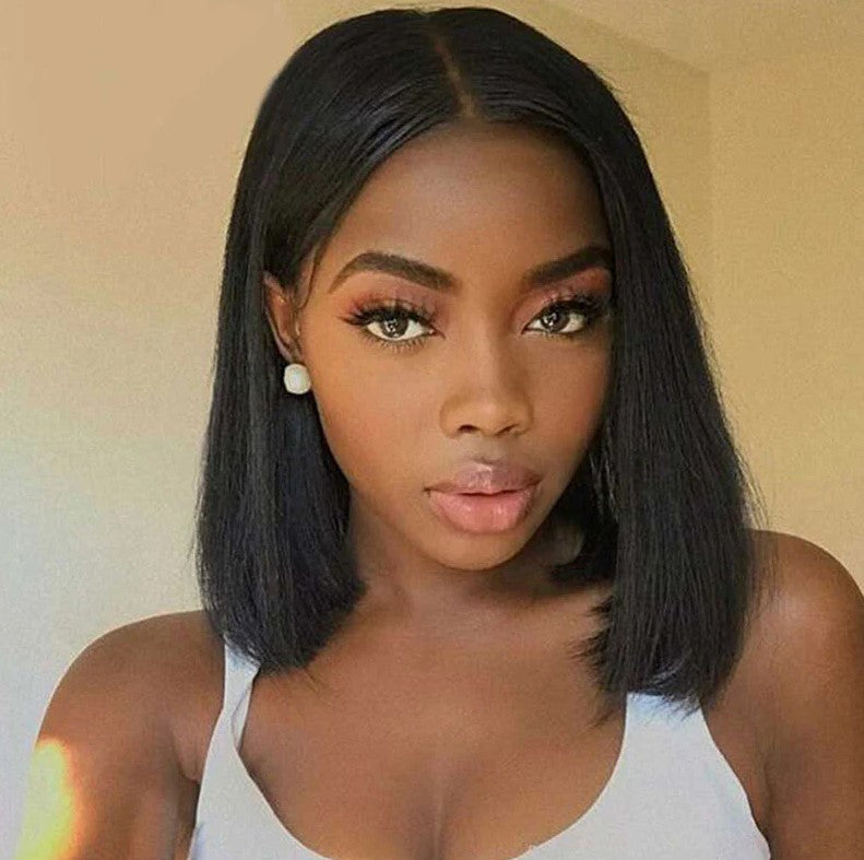 Short Straight Lace Front Bob Wig Natural Look Pre-Plucked Hairline Heat Resistant Human Hair Wig