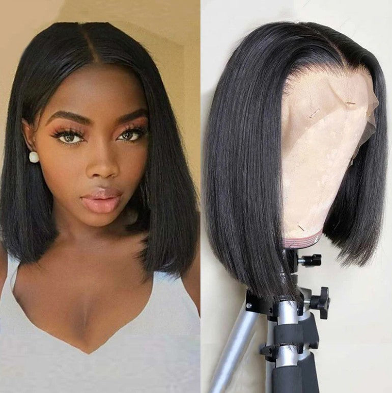 Short Straight Lace Front Bob Wig Natural Look Pre-Plucked Hairline Heat Resistant Human Hair Wig