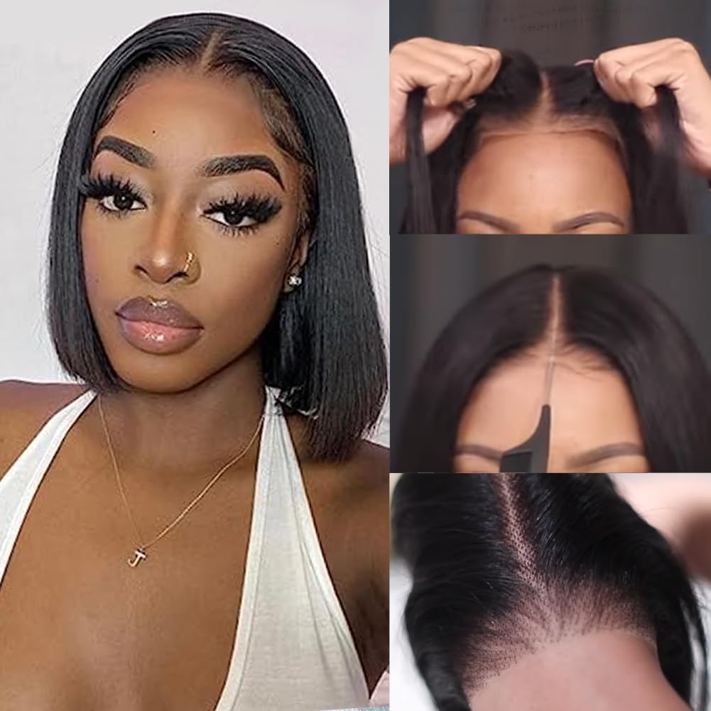 Short Straight Lace Front Bob Wig Natural Look Pre-Plucked Hairline Heat Resistant Human Hair Wig